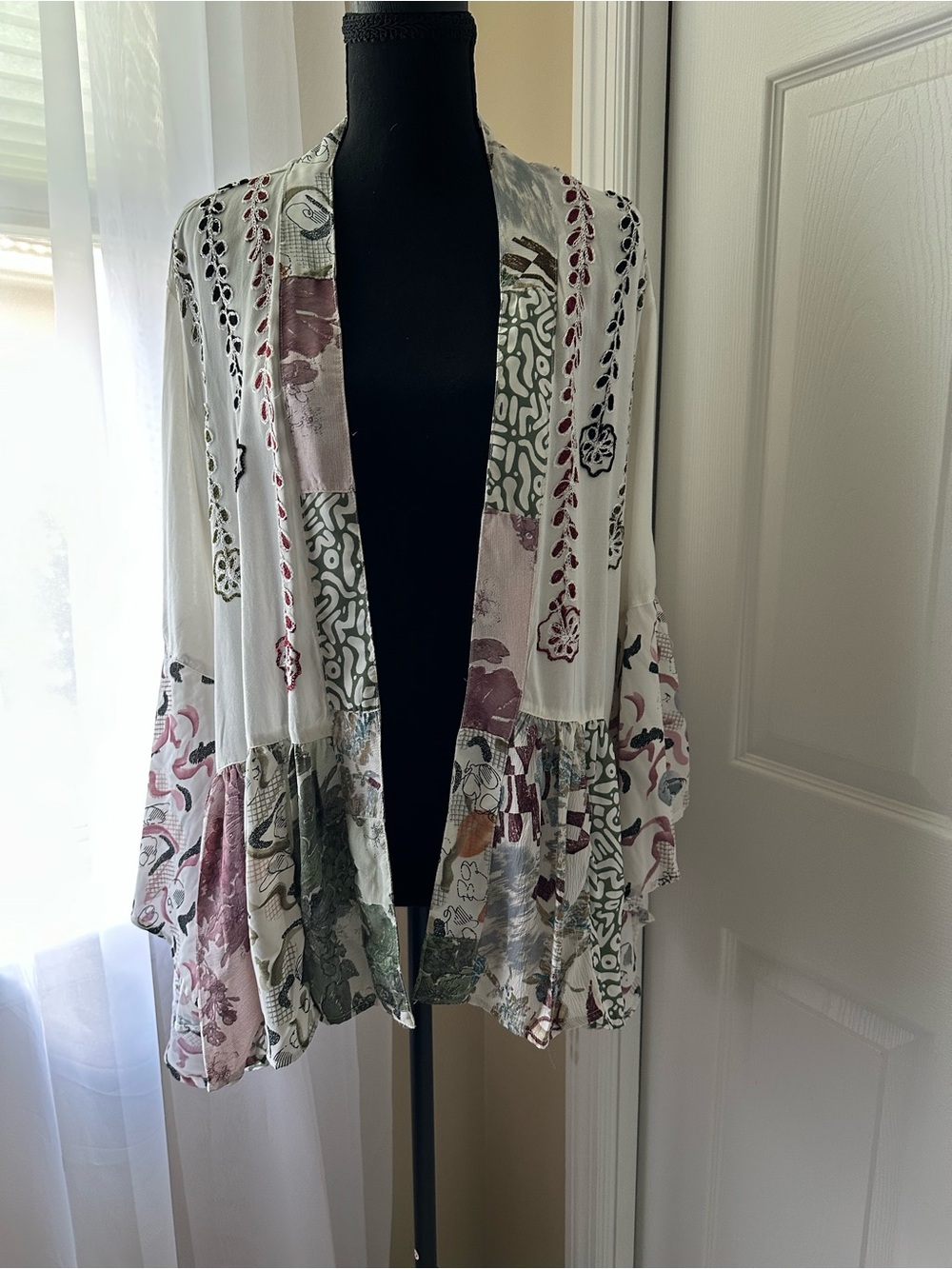 NWT - Young Threads Embroidered Kimono Top - Cream with Pink & Olive Stitching